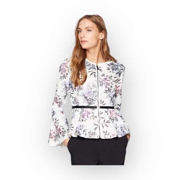 bagatelle Jackets & Blazers - new Bagatelle ✦ Floral Print Peplum Peforated Vegan Leather Jacket ✦ Ivory Lilac